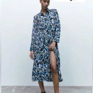Zara Blue and Black Patterned Midi Dress